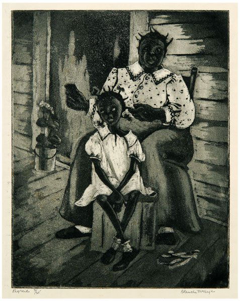 Blanche McVeigh aquatint: (Texas, 1895-1970), "Pigtails", edition 2/25, signed verso in pencil "Blanche McVeigh", aquatint on cream paper, unframed, plate 6-1/2 x 8-1/4 in., page 10-3/4 x 11-1/4 in. Possible tears top right co