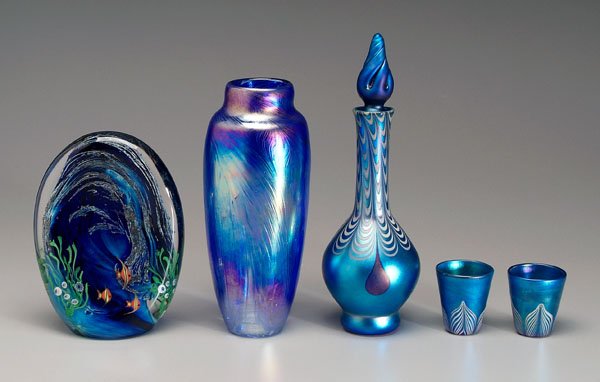 Five pieces modern art glass: Vandermark decanter, 13-1/2 in., with two matching cordials, 2-3/4 in., iridescent blue with feather decoration, marked "Vandermark", dated 1979; swirled vase with collared rim, marked "Rosetree/New O