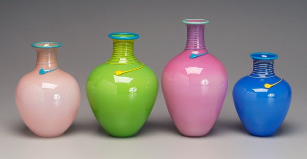 Four Holmes art glass vases:: all with thread-decorated necks, all signed "Jennifer Holmes", numbered and dated 1995, 8-3/4 in. to 12-1/4 in. Excellent condition. Provenance: Private Collection, Sarasota, Florida