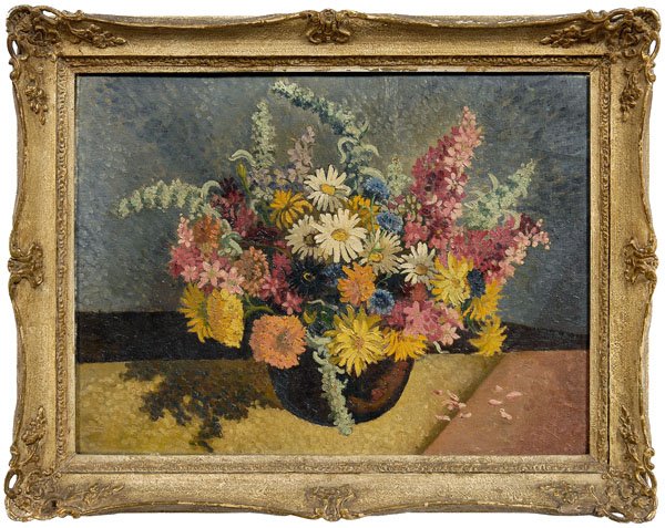 Painting attributed to Felix Gardon,: bowl of summer flowers, unsigned, attributed to Felix Gardon, French, late 19th/early 20th century, oil on canvas, 17-7/8 x 24 in.; original gilt and painted wood and composition French style frame. O