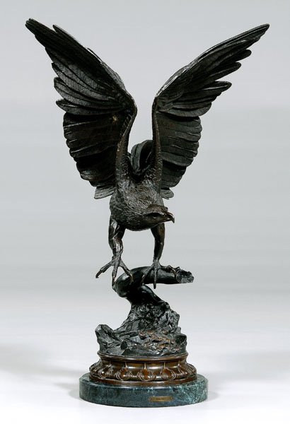 Bronze after Jules Moigniez,: eagle perched on branch, signed in base "J. Moigniez", after Jules Moigniez, French, 1835-1894, patinated bronze on marble base, 20th century casting, 30-3/4 in. including base. Good condition.