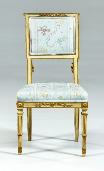 Louis XVI style side chair,: gold and putty-colored paint decoration, floral striped upholstery, French, late 19th/early 20th century, 35-1/2 x 18 x 16-1/2 in. Surface repainted, chip and repair to one front corner of seat rail,