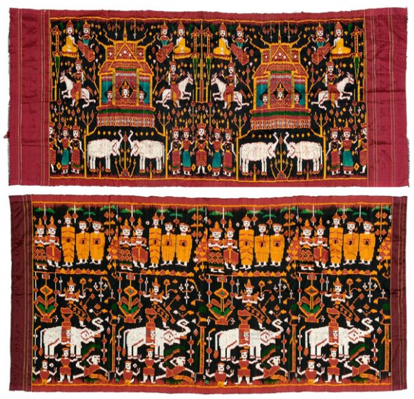 Two Cambodian [pidan]: (temple hangings): silk ikat weaving in vibrant colors, each with Buddhist themes including Prince Siddharta on his white horse, temples, white elephants, dancers, mid 20th century, 31-3/4 x 72 in. an