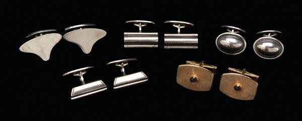 Four pairs sterling cufflinks: one pair oval with mark for Hans Hansen, 3/4 in.; two pairs rectangular, marked "OGH", 3/4 in.; one pair oval, marked "COF", 3/4 in.; one gilt pair marked "Avedon Vermeil", satin finish, topaz style s
