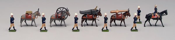 Britains artillery set:: one mounted officer, four mules carrying disassembled artillery with six white-helmeted handlers. Good to excellent condition, several small paint chips, no box. Provenance: Private Collection, Tryon,