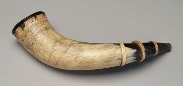 Early powder horn,: finely detailed three-masted frigate with British flag, marked at base rim "1768 British Warship Romney at Boston Harbor", ebony plug, possibly a modern copy, 14-1/4 in. Uneven surface, some chips, lo