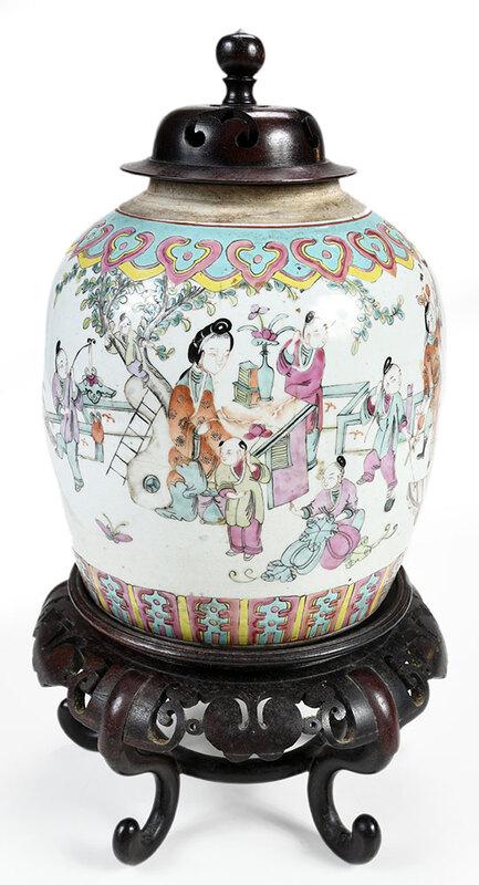 Chinese Famille Rose Boys Covered Jar with Stand: early 20th century, porcelain enamel decorated jar with boys playing games in an outdoor setting, carved wood pierced cover and stand, jar only 9-1/2 in.˜ - Provenance: Private Collection, Cary, Nort