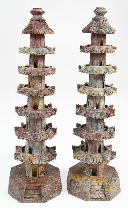Two Carved Soapstone Pagoda Models: Chinese or Japanese, each six story, mounted to a stepped flaring octagonal base, approximately 17 in.˜ - Provenance: Property from the Collection of Dudley and Constance Godfrey
