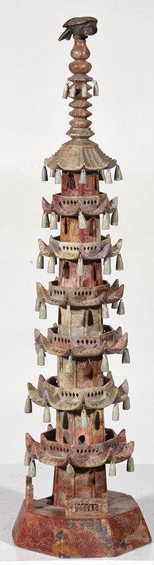 Asian Carved Soapstone Model of Pagoda: Chinese or Japanese, probably early 20th century, six story tower draped with carved bell shaped ornaments, mounted on octagonal stepped flaring base, perched bird finial, 25-1/4 in. - Provenance: Pro