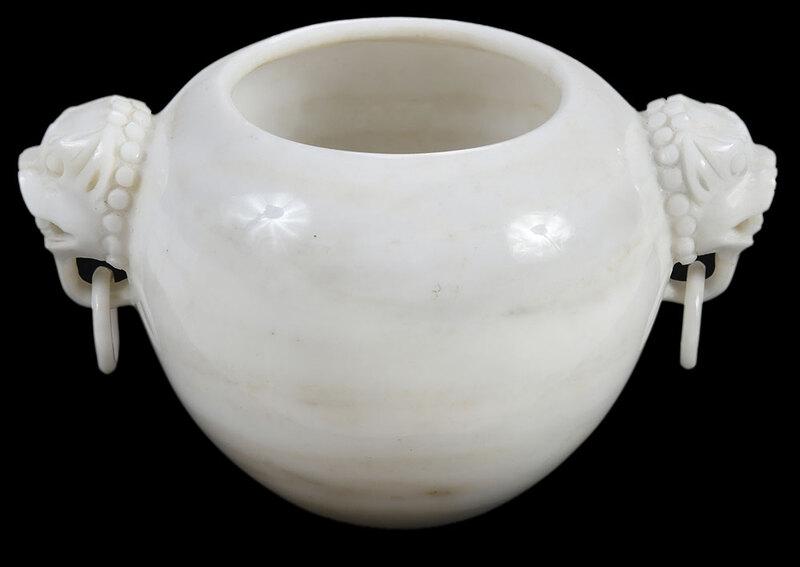 Asian Carved Marble Bowl With Lion Head Handles: probably Chinese, white marble bowl form vase with carved lion ring handles, 4 in.