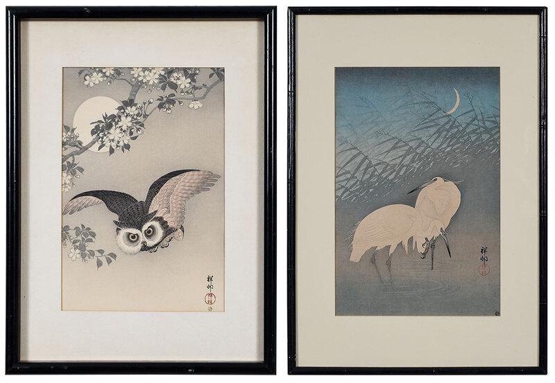 Ohara Koson: (Japanese, 1877-1945)Scops Owl Flying Under Cherry Blossom and Full moon; Herons in Reeds; artist's signature and seal lower right, Watanabe publisher's seal lower right, woodblock prints, posthumous 