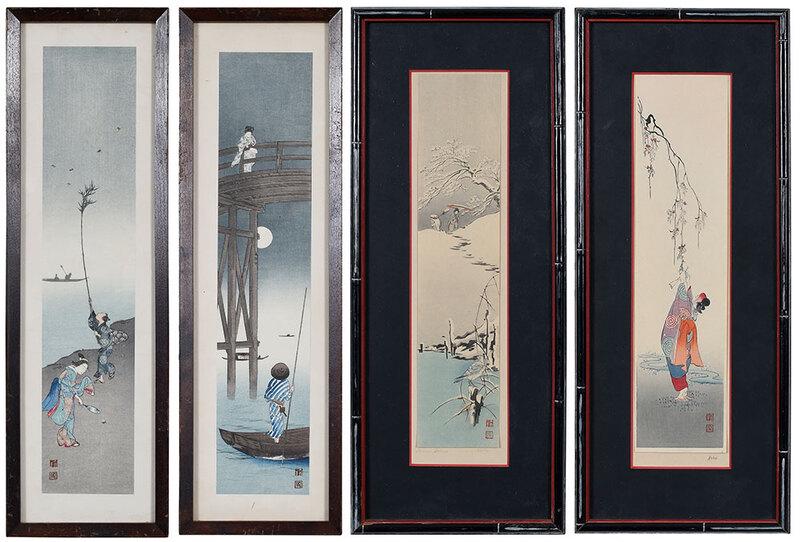 Shoda Koho: (Japanese, 1871-1946)Snow Scene; Woman Picking Blossoms; Bridge Scene at Night; Catching Fireflies; artist's and publisher's seals; two mats stamped "The Robert Lee Gallery/Newtown, Connecticut", two