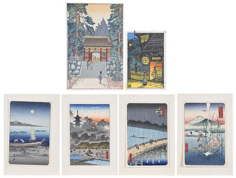 Six Miniature Japanese Woodblock Prints: Utagawa Hiroshige (1797-1858), four miniature prints from various series,˜each 5-1/2 x 3-1/2 in., attached to cardstock mats, stamped "Made in Japan" verso; Koitsu Tsuchiya (1870-1949),˜Yotsuya Arak