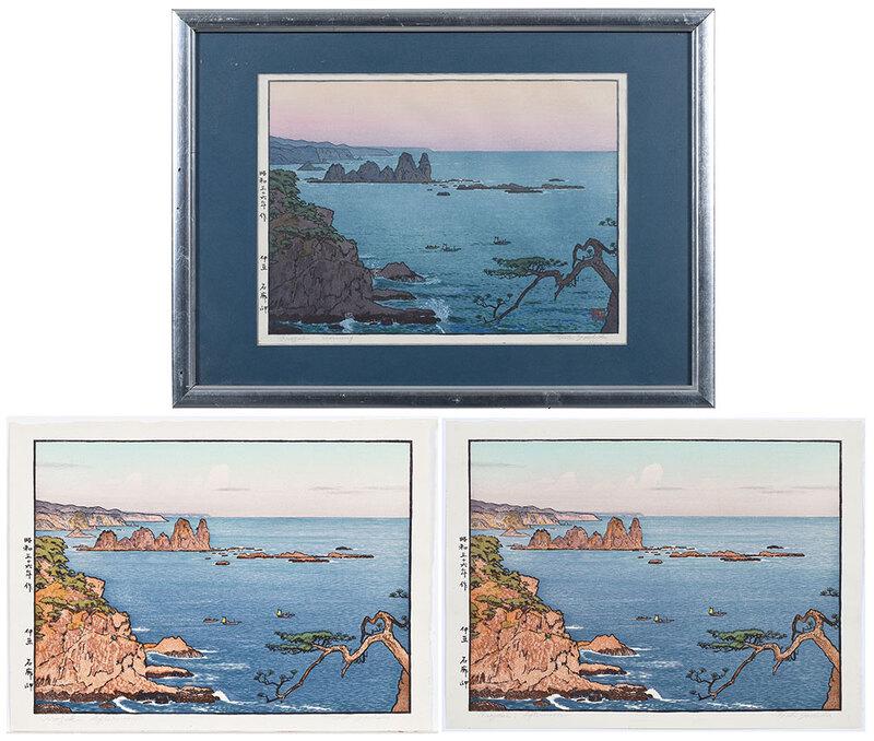 Toshi Yoshida: (Japanese, 1911-1995)Irozaki Morning; two copies of Irozaki Afternoon; artist's signature and seal lower right, all with pencil inscription "Toshi Yoshida" lower right, titled lower left,˜oban yoko-e