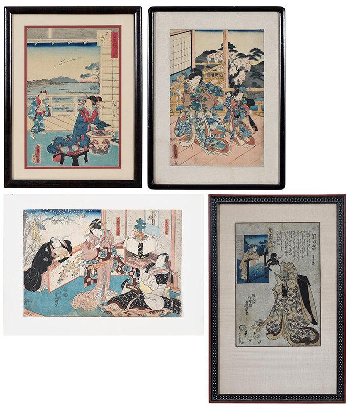 Group of Four Japanese Woodblock Prints: including Utagawa Kunisada I (aka Toyokuni III, 1786-1864) and Utagawa Hiroshige (1797-1858), four prints: three˜oban tate-e˜format, largest sight 14-1/4 x 10 in.; framed, largest˜23-5/8 x 15-5/8 i
