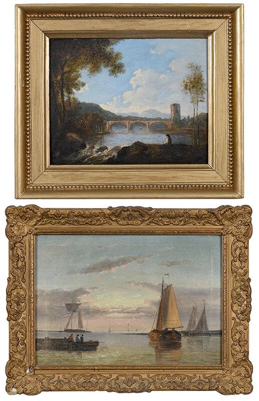 Two British Miniature Paintings: (19th century)Attributed to John Thomson of Duddingston (British, 1778-1840), Riverscape with Bridge and Tower, unsigned, oil on panel 6-3/4 x 9-3/8 in.; gilt wood and composition frame, 10-3/4 x 12-5
