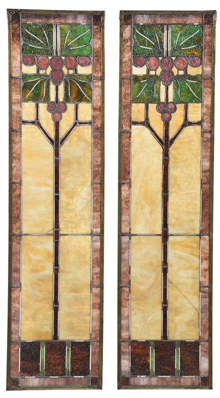 Pair of Leaded and Stained Glass Panels: 20th century, rectangular panels with stylized grape vine motif, with hanging chains, 4 ft. x 12-1/4 in. - Provenance: Property from the Collection of Dudley and Constance Godfrey