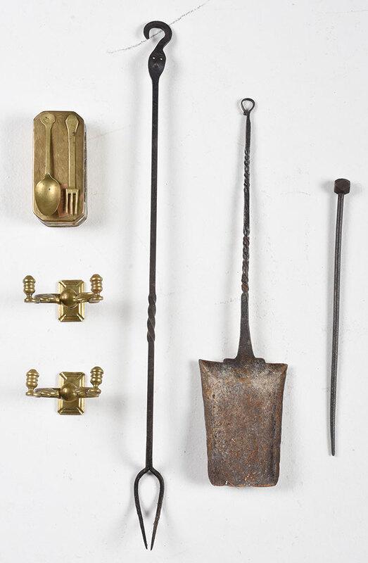 Group of Assorted Brass and Iron Items: American/Continental, including brass box with spoon and fork; pair of brass scrolled jamb hooks; three wrought iron fire tools including toasting fork, poker, and shovel, longest 32 in. - Provenance: