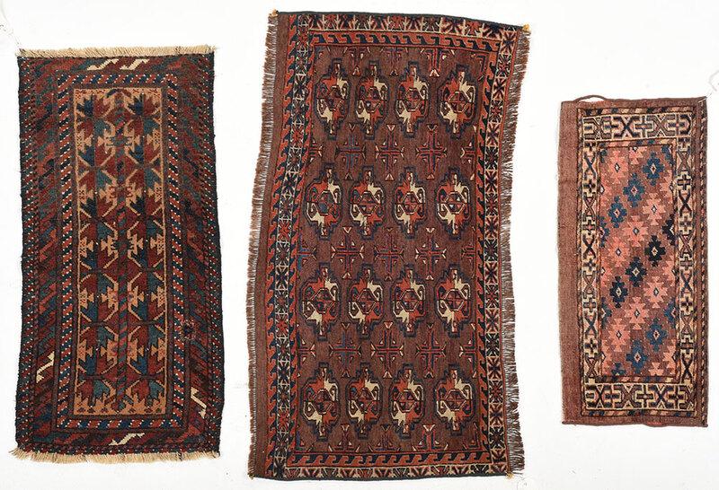 Three Turkmenistan Mats: early 20th century, tekke medallions with star device border, 3 ft. 5 in. x 1 ft. x 11 in.; leaf formed medallions on tan field, 2 ft. 10 in. x 1 ft. 4 in.; Yomud with blue and red star pattern, 2 ft.