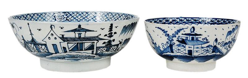 Two British Blue and White Pearlware Bowls: 18th/19th century, possibly Worcester, each decorated with Chinoiserie scenes, small bowl with underglaze blue line mark to base, 7 in.; largest, 10 in.˜ - Provenance: Property from the Collection of