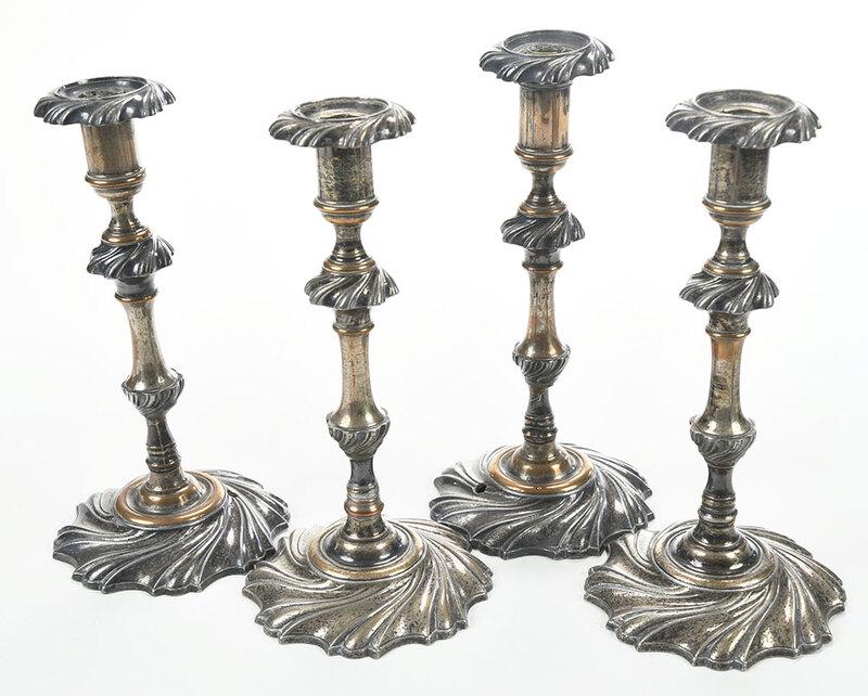 Set of Four Old Sheffield Silver Candlesticks: English, mid to late 18th century,˜swirl knops and bases, conforming bobeches,˜marked with "[cross]/292" and˜sunburst mark attributed to Matthew Boulton flanked by "D" and "S", 9-1/8 in. - Provenan