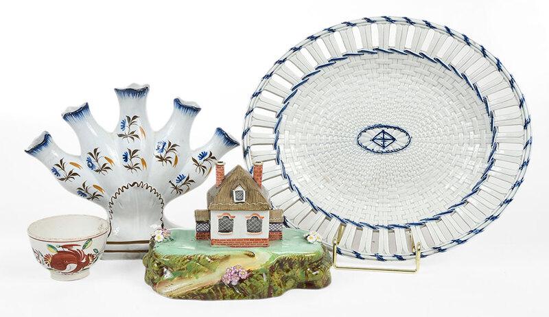 Four Assorted English Ceramic Table Items: 19th century, comprising: Staffordshire painted model cottage, marked "47" on base, 4-1/2 x 7-1/4 in.; Prattware quintal vase, floral spray decoration, 7 x 8-3/4 in.; Staffordshire blue and white bask