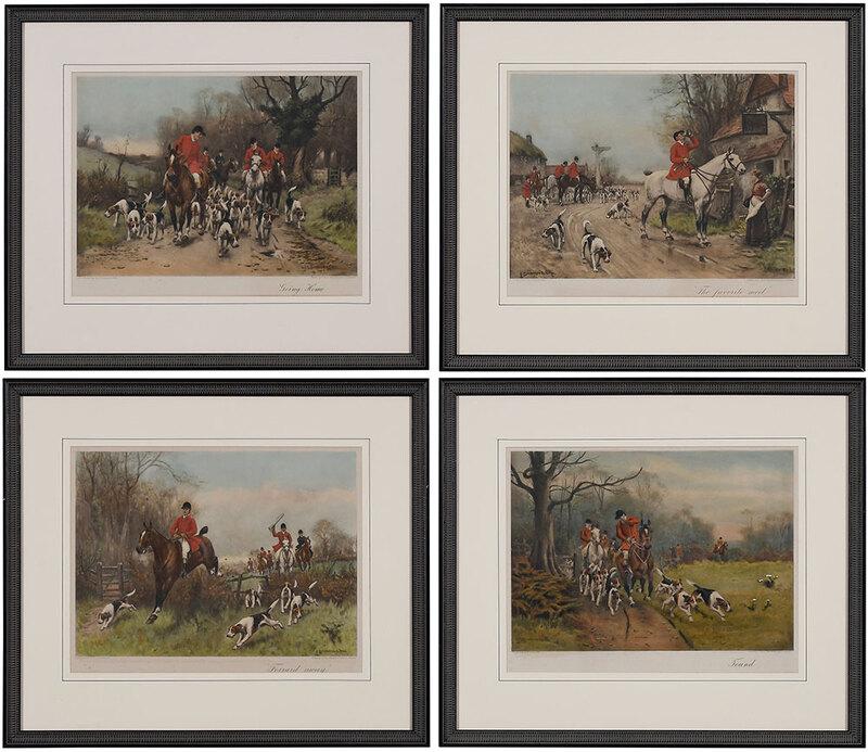 John S. Sanderson Wells: (British, 1882-1955)Four English Fox Hunting scenes, color lithographs, sight 13-3/4 x 17-3/4 in.; matching modern wood frames, 22-3/8 x 25-7/8 in. - Provenance: Brunk Auctions, January 3-4, 1998, Lot
