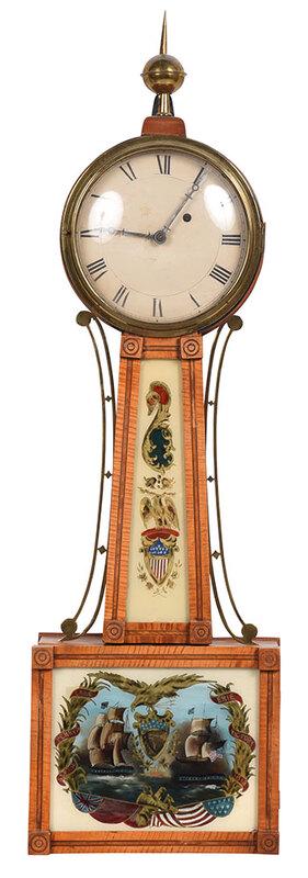 American Federal Style Tiger Maple Banjo Clock: 20th century, tiger maple case set with eglomise plates, lower plate depicting Perry's victory at Lake Erie, painted dial, brass finial and throat appliques, 34-1/2 in. - Provenance: Private Henderson