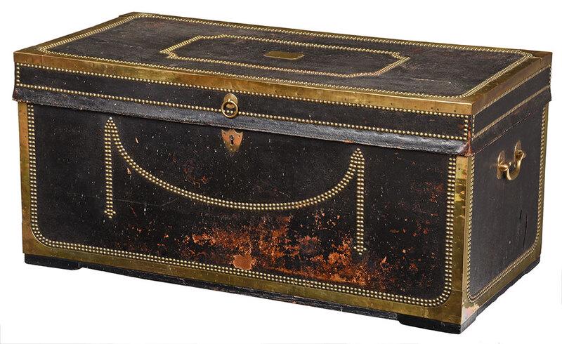 Chinese Export Leather Covered Camphor Wood Chest: early 19th century, case set with black leather and brass tacking and edge mounts, open interior, brass carrying handles, 19-1/2 x 42 x 21 in.