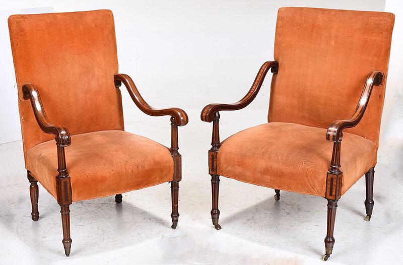 Pair of Regency or Regency Style Open Armchairs: British, 19th century, each with lightwood inlaid scroll arms, on inlaid column form supports, inlaid turned legs and feet, orange upholstery, 38 x 24 x 23 in. - Provenance: Private Collection, North 