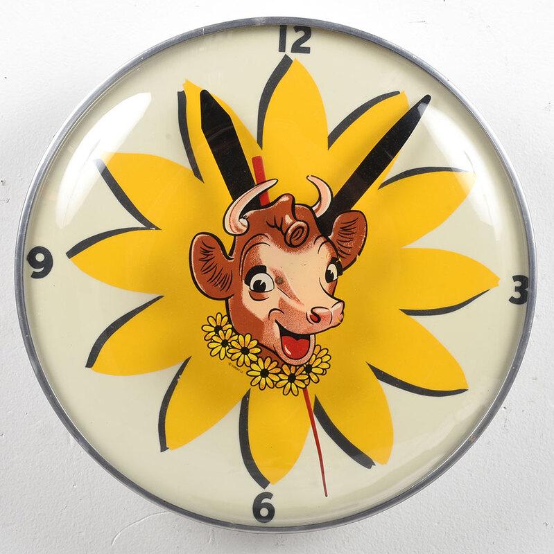 Vintage Borden Dairy Electric Wall Clock: American, 20th century, domed glass front panel, Borden Dairy "Elsie" mascot design applied on reverse, 15 in. - Provenance: Private Collection