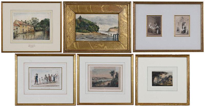 Seven Miscellaneous Works of Art: Contraxeville, inscribed lower right, attributed to Helen Guthrie (Scottish, active 1898-1915), watercolor, sight 8-3/4 x 11-3/4 in.; Singapore, View in New Harbor, circa 1830, signed lower right "L F