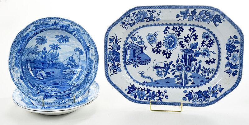 Three Spode Indian Sporting Series Bowls, Platter: British, 19th century, three rim soup bowls "Chase After A Wolf" from the Indian Sporting series, blue transfer decoration, blue "Spode" mark, 9-1/2 in.; platter with blue˜Chinoiserie˜transfer decor