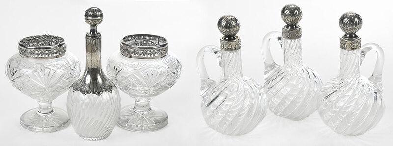 Six Pressed Glass and Silver Table Objects: Continental, 19th/early 20th century, including: pressed glass bottle with silver collar and stopper top, .950 fine, French hallmarks, 8 in.; set of three matching handled pressed glass vessels, Frenc