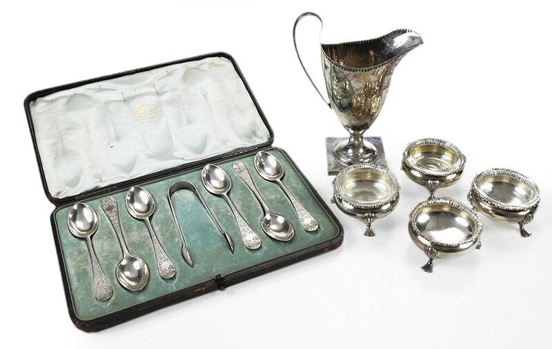Twelve English Silver Table Items: late 19th/20th century, including cream pitcher, marks for Birmingham, 1892, 5-1/2 in.; set of four open salts, marks for Chester, William Aitken, 1900, three with glass liners, 1 x 2-1/4 in.; seven p