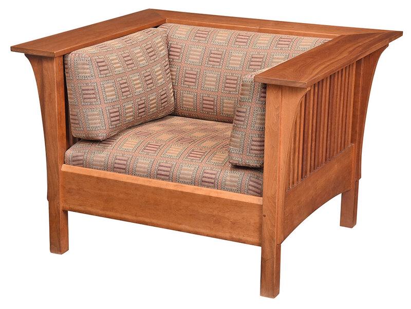 Stickley Arts and Crafts Spindle Chair: branded mark and metal tag for Stickley, early 21st century, Prairie style, figured cherry with spindled arm supports, geometric print upholstery, 29-1/2 x 42-1/2 x 27-1/2 in. - Provenance: Hendrixson