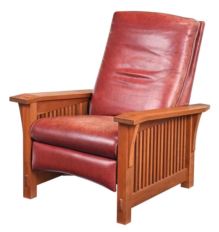 Stickley Arts and Crafts Cherry Morris Recliner: early 21st century, cherry frame with burgundy leather upholster, reclining with footrest, 40 x 33-3/4 x 37-1/2 in. - Provenance: Davids Furniture and Interiors, Harrisburg, PA, 2006 (accompanied by c