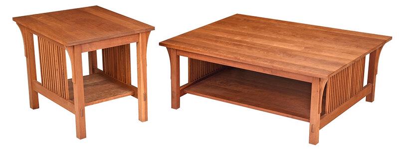 Two Stickley Arts and Crafts Low Tables: branded marks and metal tags for Stickley, manufactured 2001, cherry throughout, through tenon construction, 17-1/4 x 44 x 36 in., with a similar Prairie style side table, 23-1/4 x 26 x 22 in. - Prove
