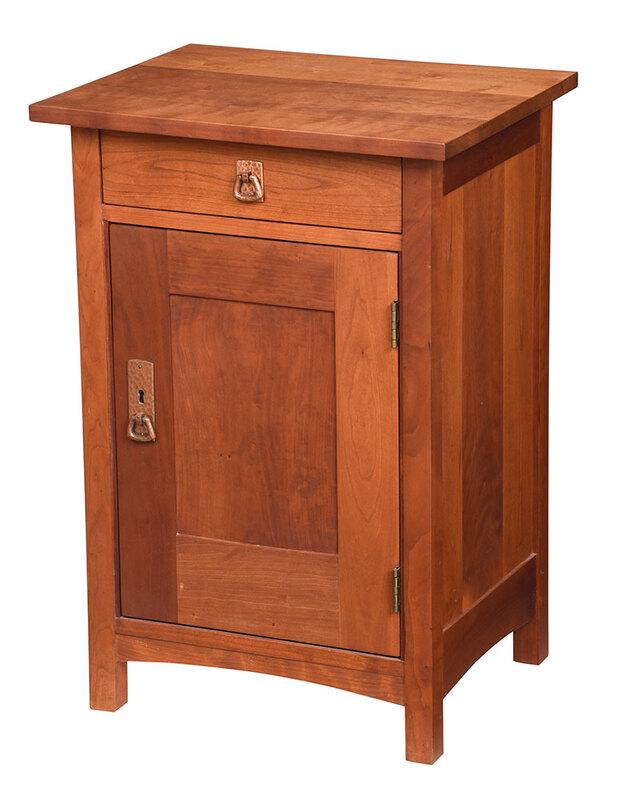 Stickley Arts and Crafts Bedside Cabinet: branded mark and metal tag for Stickley, produced 2001, cherry throughout, single drawer over paneled door with shelved interior, hammered copper hardware, 29-1/4 x 19-3/4 x 16 in. - Provenance: Priva