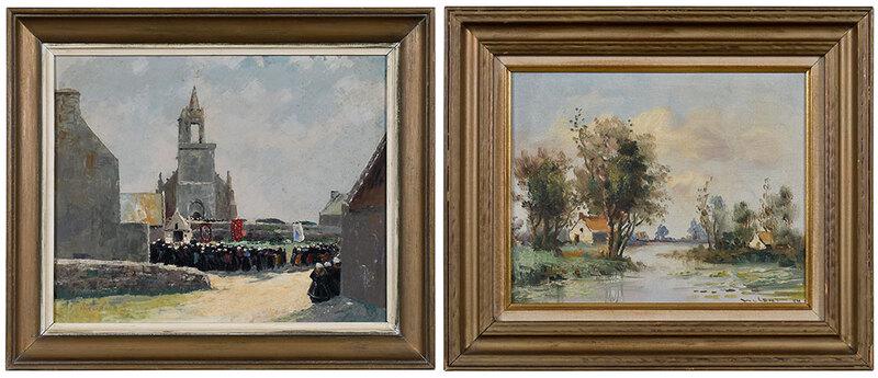 Two European Paintings: (20th century)Pierre Chevillard (French, 1908-1991), A Processional, signed lower left "Pierre/Chevillard", oil on Masonite, 12-7/8 x 16-1/4 in.; Cottages on a River, signed indistinctly, oil on plywo