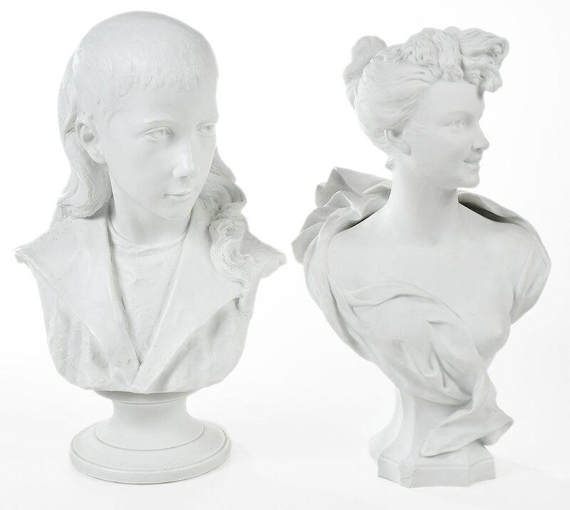 Two Parian Busts, Ernest Sperlacken: probably Continental, late 19th/20th century, bust of young woman with exposed breast, signed verso "Sperlacken", (Ernest Sperlacken XIX-XX), 17 in.; bisque or plaster bust of a youth with long hair, 