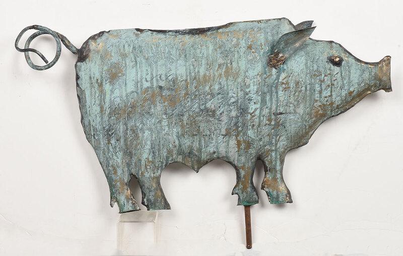 American Copper Pig Weathervane on Stand: 20th century, molded patinated copper pig with painted gold accents, 14-1/2 x 28-1/2 in.; mounted to a wooden double gourd form stand, overall height 26-1/2 in. - Provenance: Private Collection