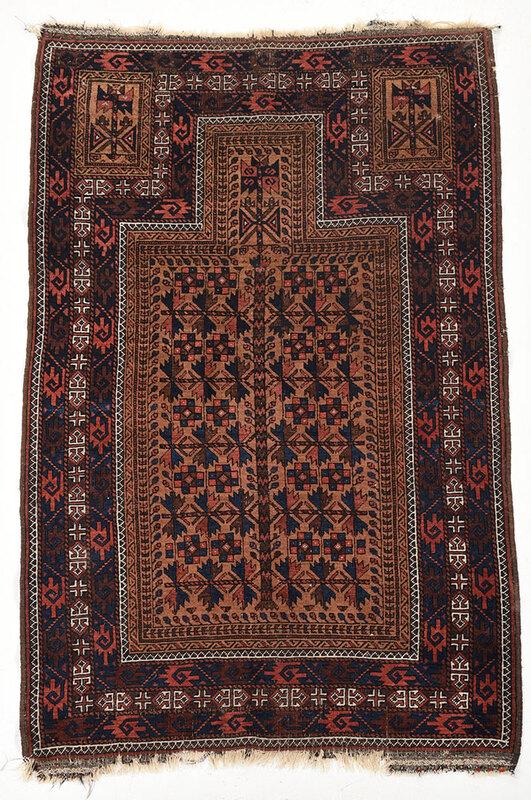 Baluch Prayer Mat: Persia, early 20th century, tan Mihrab with stylized floral tree of life decoration, 4 ft. 8 in. x 3 ft. 2 in. - Provenance: Descended in the Godi Piovenen Family