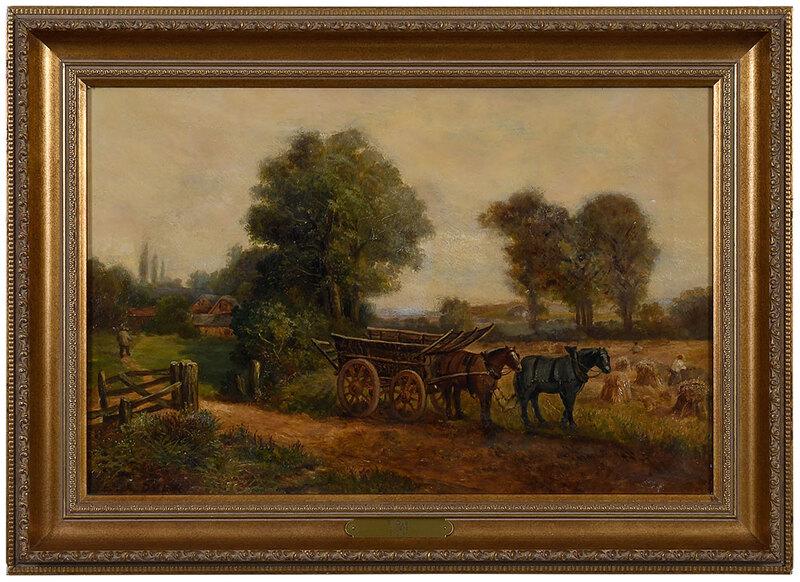 E. Dyer: (British, 19th/20th century)Hay Harvesting, signed lower left "E... Dyer", oil on canvas, 14 x 21 in.; modern gilt wood frame, 18-5/8 x 25-3/4 in. - Provenance: Private Collection