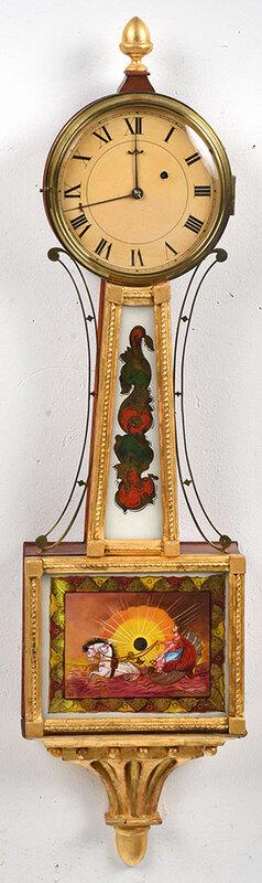 American Federal Eglomise Banjo Clock: probably Roxbury, Massachusetts, early 19th century, painted dial with Roman numerals, ?glomis? throat panel with scroll mantling, lower ?glomis? panel depicting mythological god on a chariot, mahogan