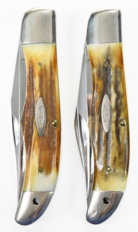 Pair Case Ten Dot Hunter Knives: stag handle, two folding blades, marked "CASE XX/USA/(ten dots)", back "5265 SAB", lanyard hole, blade 4-1/4 in., closed 5-1/4 in. - Provenance: Property of a Southern Gentleman