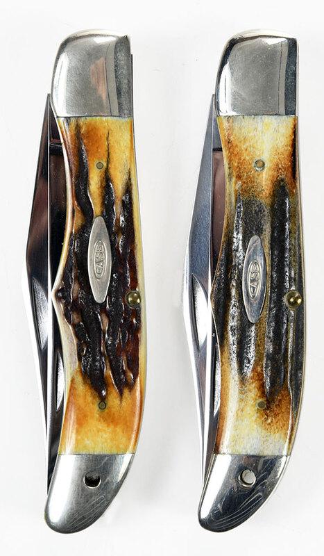 Pair Case Ten Dot Hunter Knives: stag handle, two folding blades, marked "CASE XX/USA/(ten dots)", back "5265 SAB", lanyard hole, blade 4-1/4 in., closed 5-1/4 in. - Provenance: Property of a Southern Gentleman