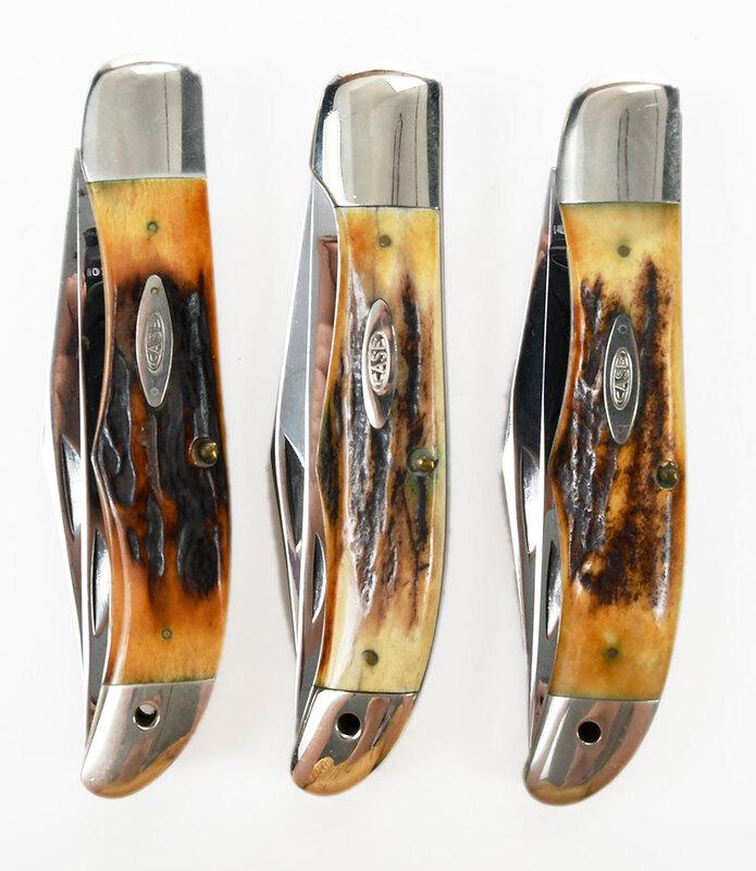 Three Case Folding Hunter Knives: stag handle, two blades, marked "CASE XX/USA", back "5265 SAB", lanyard hole, blade 4-1/4 in., closed 5-1/4 in. - Provenance: Property of a Southern Gentleman