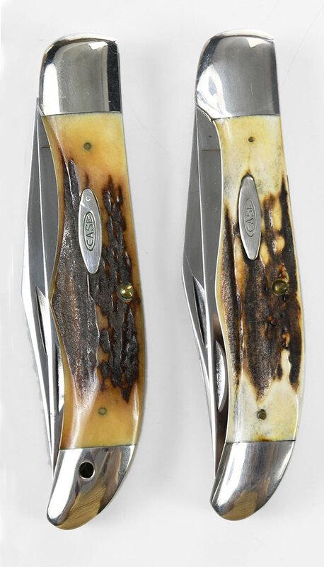 Two Case Folding Hunter Knives: stag handle, two blades, marked "CASE XX/USA", back "5265 SAB", blade 4-1/4 in., closed 5-1/4 in., one with lanyard hole˜ - Provenance: Property of a Southern Gentleman