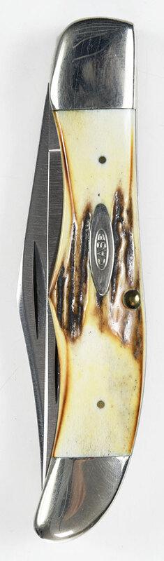 Case Blue Scroll Folding Hunter Knife: stag handle, two blades, marked "CASE XX/STAINLESS/USA/(three dots)", back "5265 SAB/SSP", other blade "SS", blade 4 in., closed 5 in.; associated padded zipper case by Ace˜ - Provenance: Property of